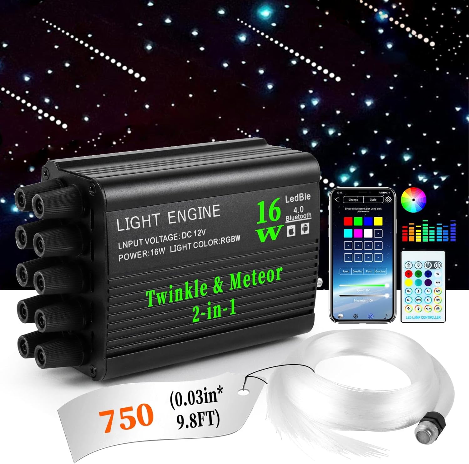 16W RGBW Twinkle & Shooting Star 2-in-1 Rolls Royce Star Lights for Car Truck SUV with Bluetooth APP and RF Control | StarlightHeadliners.shop