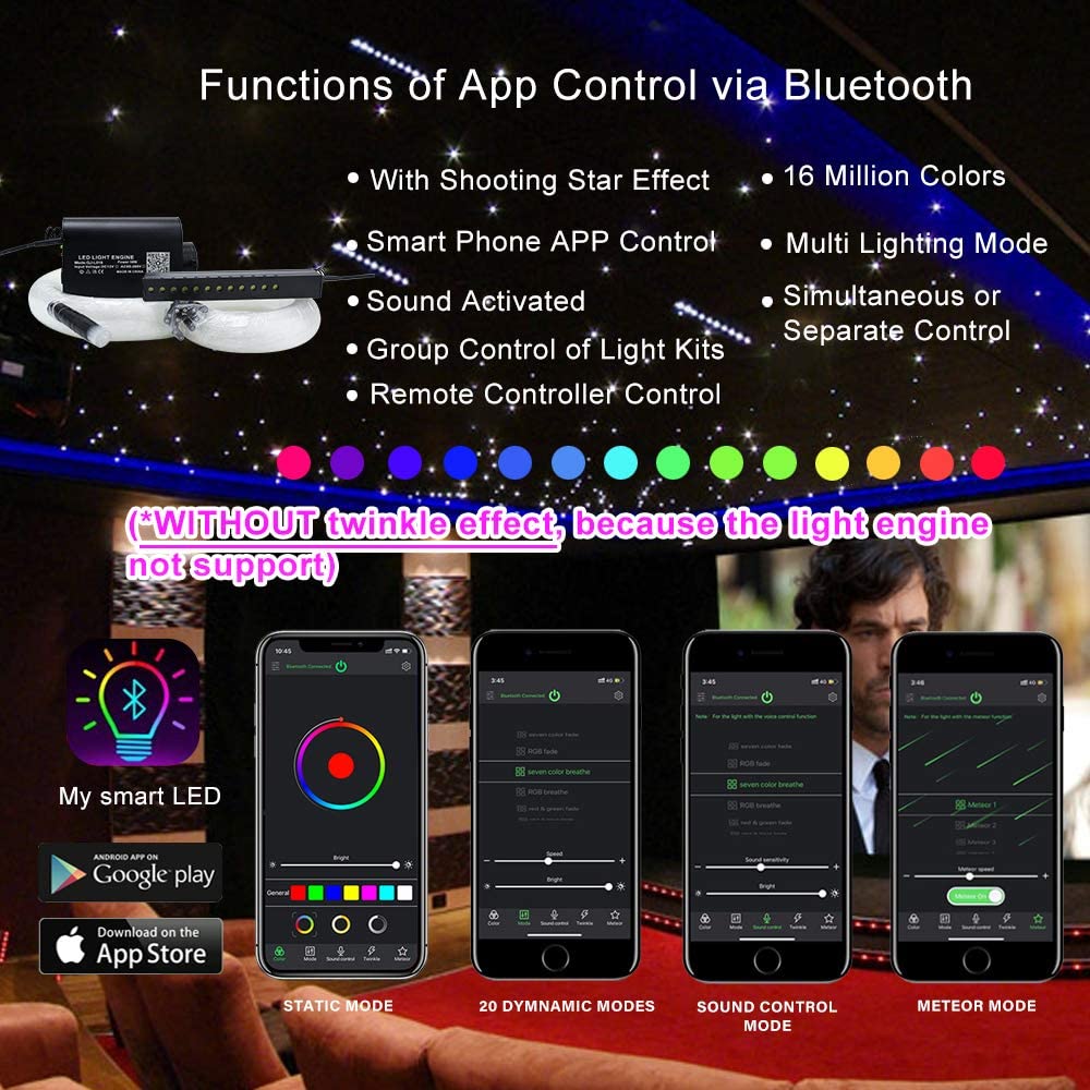 Bluetooth APP Control for 16W RGBW Rolls Royce Roof Lights with Meteor | STARLIGHTheadliners.shop