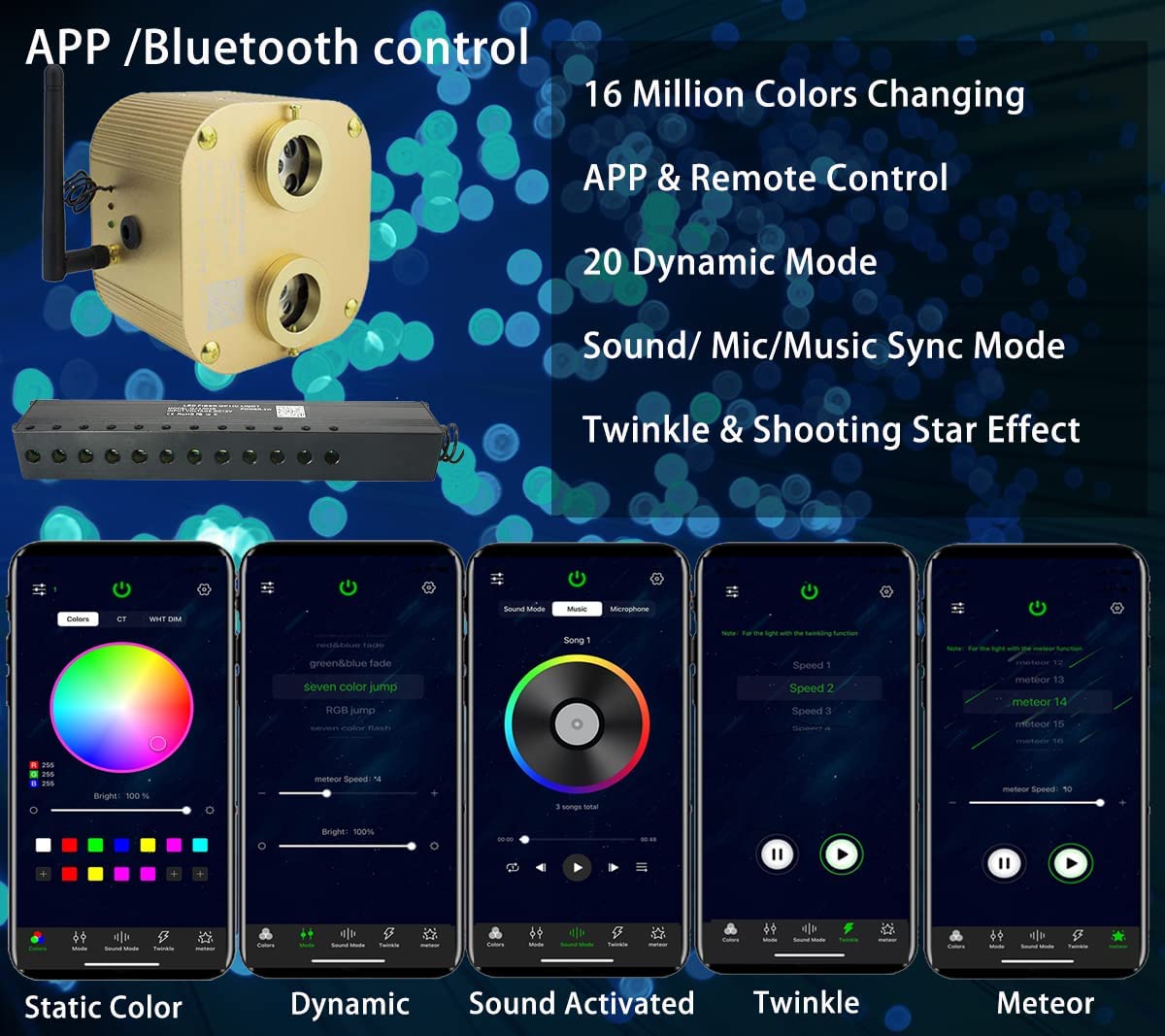 Bluetooth APP Control for 2x10W Fiber Optic Starlight Headliner Kit with Shooting Star | STARLIGHTheadliners.shop