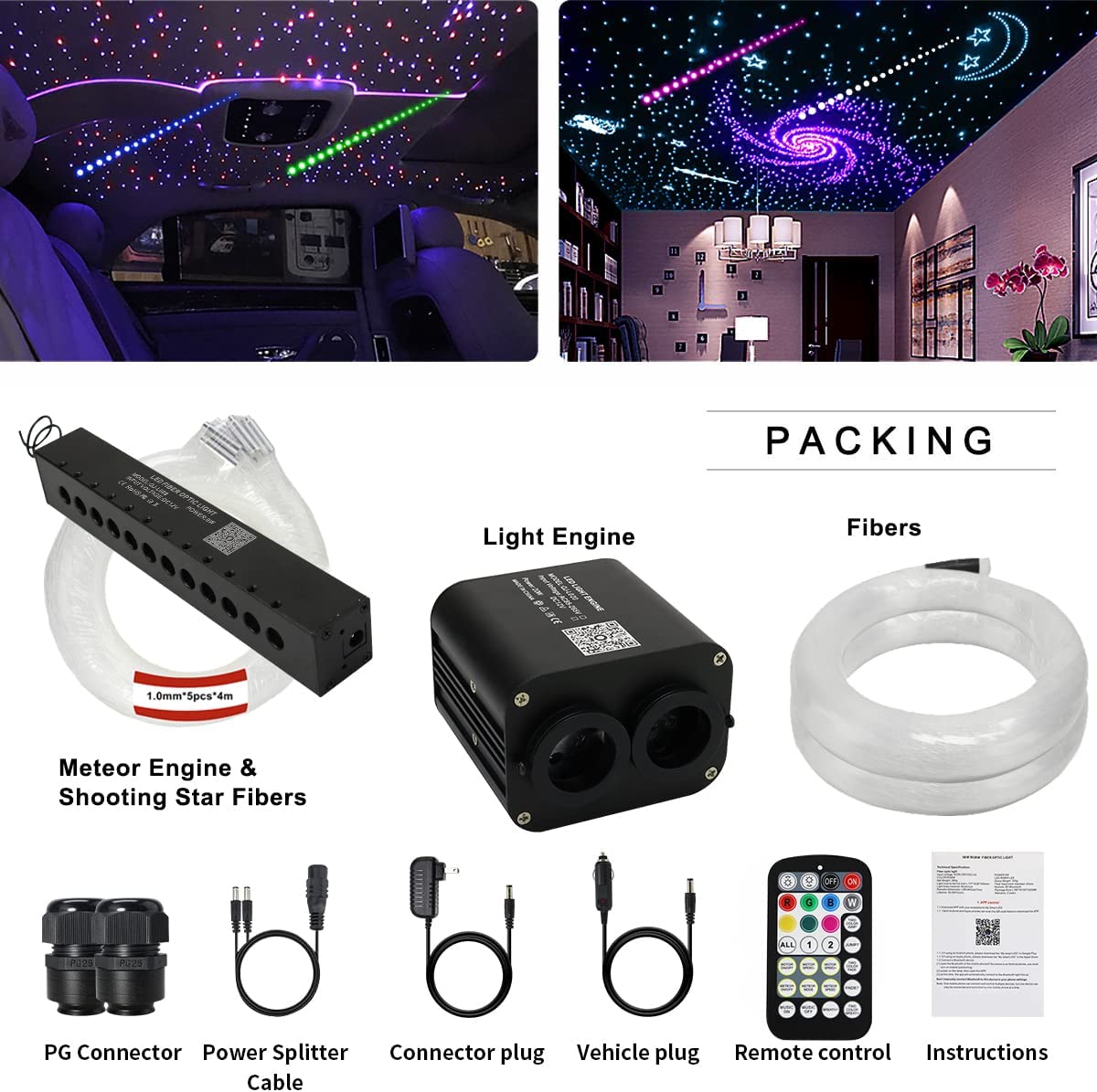 2x10W Twinkle Dual Color Fiber Optic Lighting Kit with RGB Shooting Star for Car Truck & Home Theaters
